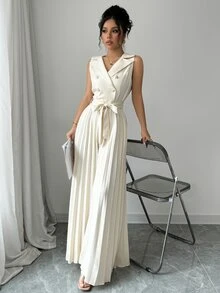 Elenzga Women's Elegant Double-Breasted Pleated Jumpsuit, Apricot, Suitable For Spring And Autumn - Apricot - View 3