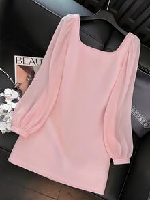GlowEve Women's Square Neck Mini Dress, Sheer Puff Long Sleeve, Pearl Bow Decor, Slim Fit A-Line Short Design, Sweet Elegant Mini Dress, Suitable For Party, Date And Daily Wear - Pink - View 2