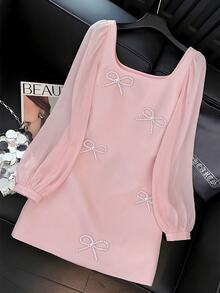 GlowEve Women's Square Neck Mini Dress, Sheer Puff Long Sleeve, Pearl Bow Decor, Slim Fit A-Line Short Design, Sweet Elegant Mini Dress, Suitable For Party, Date And Daily Wear - Pink - View 4