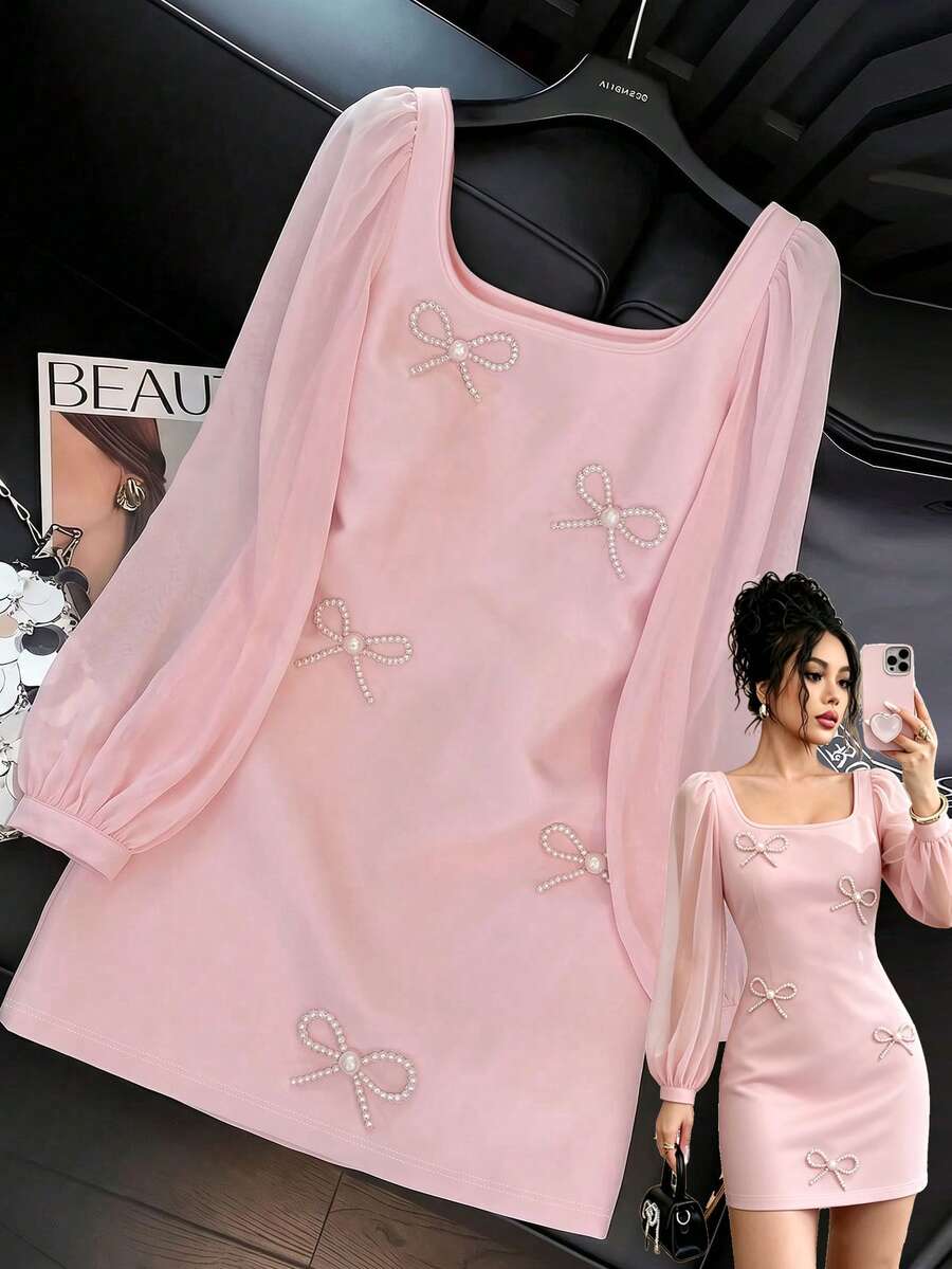 GlowEve Women's Square Neck Mini Dress, Sheer Puff Long Sleeve, Pearl Bow Decor, Slim Fit A-Line Short Design, Sweet Elegant Mini Dress, Suitable For Party, Date And Daily Wear - Pink - View 1