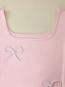 GlowEve Women's Square Neck Mini Dress, Sheer Puff Long Sleeve, Pearl Bow Decor, Slim Fit A-Line Short Design, Sweet Elegant Mini Dress, Suitable For Party, Date And Daily Wear - Pink - View 7
