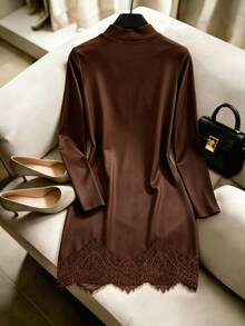 GlowEve Women's Semi-High Neck Long Sleeve Dress, Ruched High Waist Lace Patchwork Mini Dress, Commute Party Luxury Slim Fit Bodycon Dress - Brown - View 2