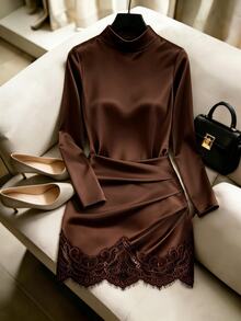 GlowEve Women's Semi-High Neck Long Sleeve Dress, Ruched High Waist Lace Patchwork Mini Dress, Commute Party Luxury Slim Fit Bodycon Dress - Brown - View 8