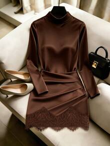 GlowEve Women's Semi-High Neck Long Sleeve Dress, Ruched High Waist Lace Patchwork Mini Dress, Commute Party Luxury Slim Fit Bodycon Dress - Brown - View 3