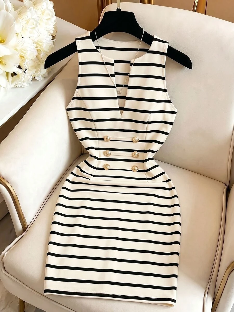 GlowEve Women's Black & Apricot Striped Sleeveless Fitted Dress, Lapel Collar, Gold Double-Breasted Design, Professional Commuter Elegant Dress - Multicolor - View 1