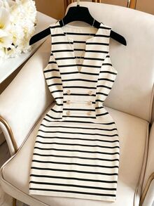 GlowEve Women's Black & Apricot Striped Sleeveless Fitted Dress, Lapel Collar, Gold Double-Breasted Design, Professional Commuter Elegant Dress - Multicolor - View 4