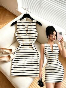 GlowEve Women's Black & Apricot Striped Sleeveless Fitted Dress, Lapel Collar, Gold Double-Breasted Design, Professional Commuter Elegant Dress - Multicolor - View 3