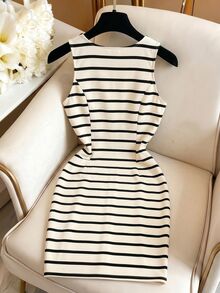 GlowEve Women's Black & Apricot Striped Sleeveless Fitted Dress, Lapel Collar, Gold Double-Breasted Design, Professional Commuter Elegant Dress - Multicolor - View 2