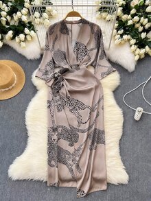 GlowEve 女款優雅成熟V領交叉綁帶蝴蝶結灰色豹紋長袖中長洋裝，適合通勤、度假、假日夏季穿搭 - 彩色 - 查看 7