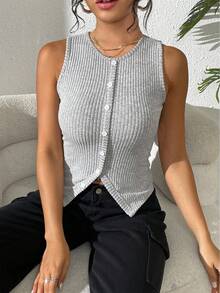 EMERY ROSE Camiseta de tirantes acanalada de corte ceñido con espalda abierta para mujer - Gris - Ver 5