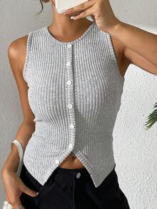 EMERY ROSE Camiseta de tirantes acanalada de corte ceñido con espalda abierta para mujer - Gris - Ver 3