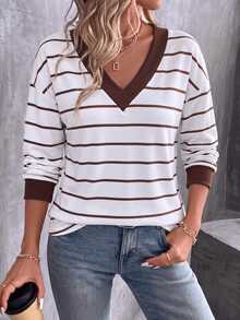 SHEIN LUNE Women's V-Neck Striped Colorblock Casual Daily Long Sleeve T-Shirt - Multicolor - View 3