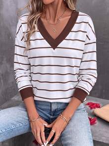 SHEIN LUNE Women's V-Neck Striped Colorblock Casual Daily Long Sleeve T-Shirt - Multicolor - View 5