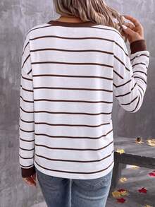 SHEIN LUNE Women's V-Neck Striped Colorblock Casual Daily Long Sleeve T-Shirt - Multicolor - View 2