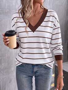 SHEIN LUNE Women's V-Neck Striped Colorblock Casual Daily Long Sleeve T-Shirt - Multicolor - View 1