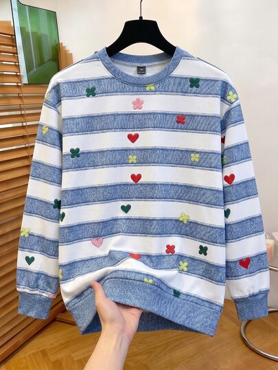 SHEIN Unity Women's Round Neck Printed Heart Stripe Long Sleeve Sweatshirt Everyday School Blue And White Stripe Autumn Casual Cute