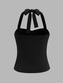 IslaSuriya Women's Lace Patchwork Contrast Color Halter Backless Top - Black - View 2