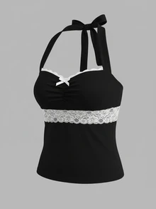 IslaSuriya Women's Lace Patchwork Contrast Color Halter Backless Top - Black - View 3