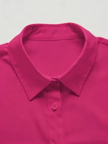 SHEIN 女款亮粉色純色鈕扣開襟正裝長袖襯衫領上衣，休閒商務專業半透上衣，教師節辦公室秋季穿搭 - 玫紅色 - 查看 6