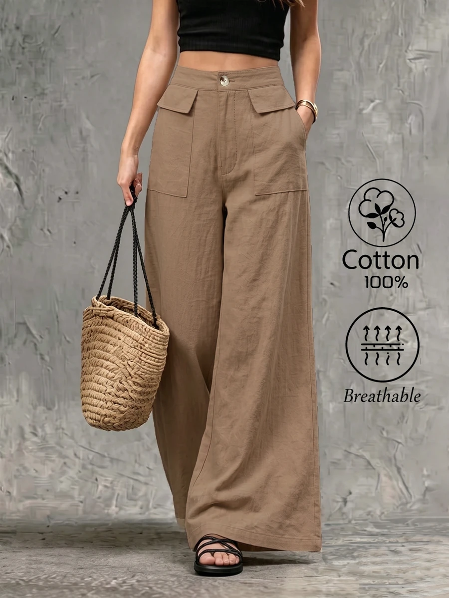 SHEIN Holidaya Women's 100 Cotton Khaki Wide-Leg Pants With High Waist And Functional Side Pockets. These Casual Vacation Fall - Khaki - View 1