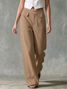 SHEIN Holidaya Women's 100 Cotton Khaki Wide-Leg Pants With High Waist And Functional Side Pockets. These Casual Vacation Fall - Khaki - View 4