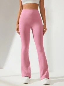 Slayform Slayform Solid Color Pleated Bell Bottom Leggings, Suitable For Yoga - Pink - View 3