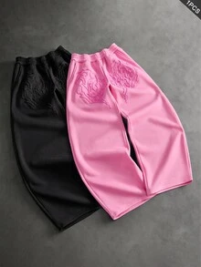 PAVTROS 男士街頭風 3D 毛巾刺繡運動長褲，送給男友/丈夫的禮物，週年紀念禮物，朋友聚會，哥德風 - 粉色 - 查看 2