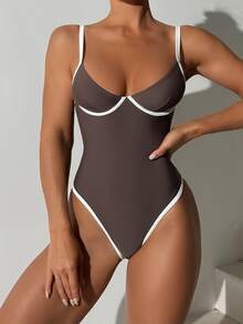SHEIN Swim 夏季 1 件棕色纯色连体泳衣，柔软衬垫钢圈，高开叉腿，可拆卸肩带连体泳衣 - 棕色 - 查看 5