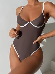 SHEIN Swim 夏季 1 件棕色纯色连体泳衣，柔软衬垫钢圈，高开叉腿，可拆卸肩带连体泳衣 - 棕色 - 查看 4