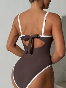 SHEIN Swim 夏季 1 件棕色纯色连体泳衣，柔软衬垫钢圈，高开叉腿，可拆卸肩带连体泳衣 - 棕色 - 查看 2