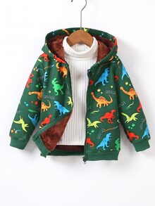 SHEIN Vacaura 恐龍多色印花毛絨內裡連帽夾克，適合好動兒童，彩色恐龍印花，活力柔軟親膚，冬季西式風格 - 綠色 - 查看 8