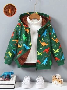 SHEIN Vacaura 恐龍多色印花毛絨內裡連帽夾克，適合好動兒童，彩色恐龍印花，活力柔軟親膚，冬季西式風格 - 綠色 - 查看 3