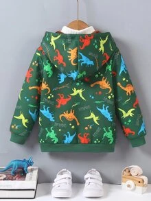 SHEIN Vacaura 恐龍多色印花毛絨內裡連帽夾克，適合好動兒童，彩色恐龍印花，活力柔軟親膚，冬季西式風格 - 綠色 - 查看 2