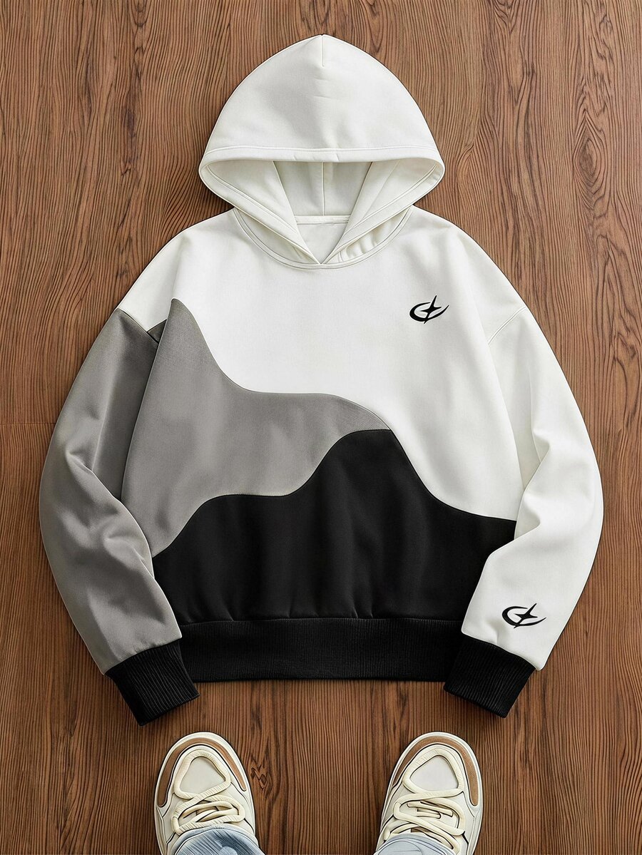 SWAVVY Men's Colorblock Casual Daily Wear Long Sleeve Hooded Sweatshirt - Black and White - View 1