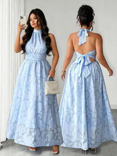 Elenzga Plus Size Women's Summer Gentle Style Light Blue Halter Neck Stand Collar Backless Bowknot Cinched Waist Elegant Jacquard Cut-Out Fabric Design Full Skirt Long Woven Dress Suitable For Casual Daily Wear Vacation Date