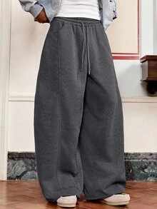 SWAVVY Men's Casual Drawstring Waist Pleated Patchwork Sweatpants, Light Grey, Spring/Autumn,Oversized,Baggy Pants - Dark Grey - View 2