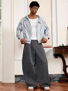 SWAVVY Men's Casual Drawstring Waist Pleated Patchwork Sweatpants, Light Grey, Spring/Autumn,Oversized,Baggy Pants - Dark Grey - View 4
