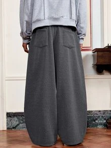 SWAVVY Men's Casual Drawstring Waist Pleated Patchwork Sweatpants, Light Grey, Spring/Autumn,Oversized,Baggy Pants - Dark Grey - View 3