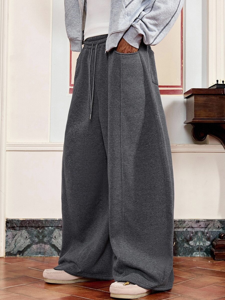 SWAVVY Men's Casual Drawstring Waist Pleated Patchwork Sweatpants, Light Grey, Spring/Autumn,Oversized,Baggy Pants - Dark Grey - View 1