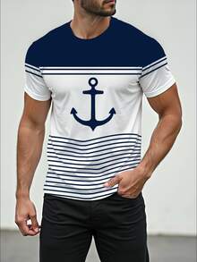 Manfinity RSRT 时尚休闲成熟假日风格航海锚条纹渐变图案印花修身男士短袖 T 恤，适合户外、度假、约会、聚会，是送给男朋友的绝佳礼物 - 彩色 - 查看 9