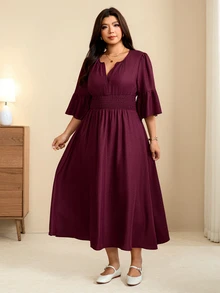 Edennvi Plus Size Women's Autumn Vintage Boho Cinched Waist V-Neck Ruffle Mid-Sleeve Loose Fit Dark Purple Mid-Length Commuter Dress Fall Brunch Vacation - Burgundy - View 5