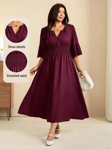 Edennvi Plus Size Women's Autumn Vintage Boho Cinched Waist V-Neck Ruffle Mid-Sleeve Loose Fit Dark Purple Mid-Length Commuter Dress Fall Brunch Vacation - Burgundy - View 3