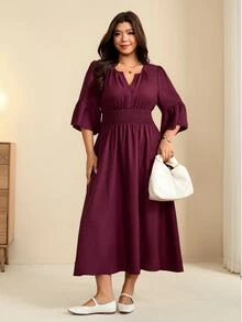 Edennvi Plus Size Women's Autumn Vintage Boho Cinched Waist V-Neck Ruffle Mid-Sleeve Loose Fit Dark Purple Mid-Length Commuter Dress Fall Brunch Vacation - Burgundy - View 9