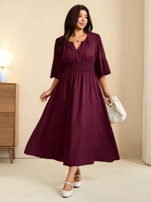 Edennvi Plus Size Women's Autumn Vintage Boho Cinched Waist V-Neck Ruffle Mid-Sleeve Loose Fit Dark Purple Mid-Length Commuter Dress Fall Brunch Vacation - Burgundy - View 4