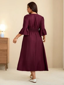 Edennvi Plus Size Women's Autumn Vintage Boho Cinched Waist V-Neck Ruffle Mid-Sleeve Loose Fit Dark Purple Mid-Length Commuter Dress Fall Brunch Vacation - Burgundy - View 2