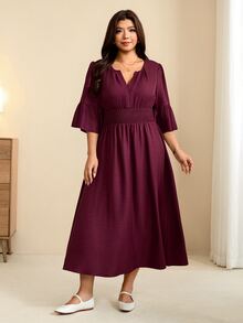 Edennvi Plus Size Women's Autumn Vintage Boho Cinched Waist V-Neck Ruffle Mid-Sleeve Loose Fit Dark Purple Mid-Length Commuter Dress Fall Brunch Vacation - Burgundy - View 6