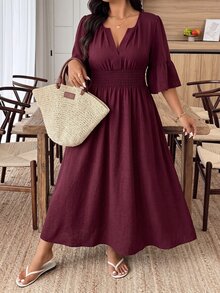 Edennvi Plus Size Women's Autumn Vintage Boho Cinched Waist V-Neck Ruffle Mid-Sleeve Loose Fit Dark Purple Mid-Length Commuter Dress Fall Brunch Vacation - Burgundy - View 8