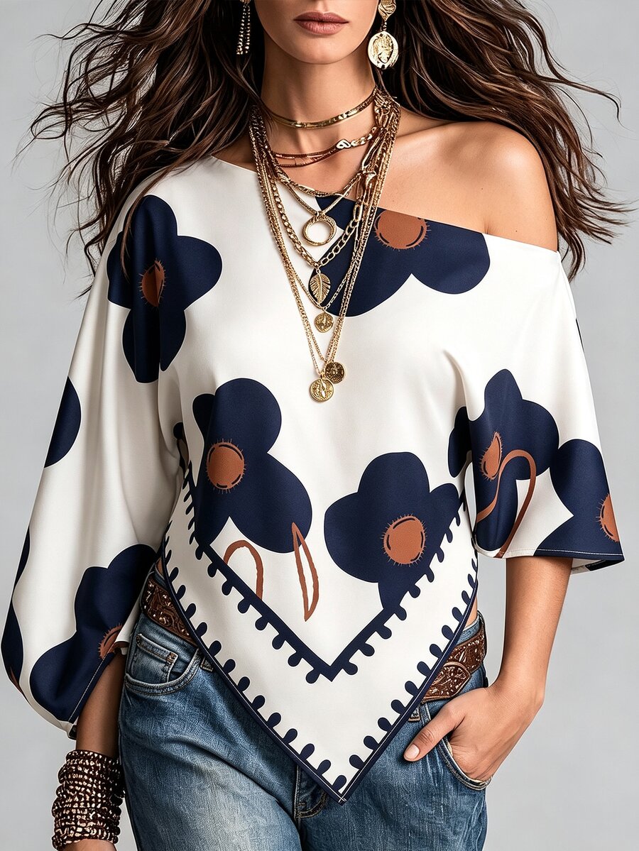 Weeklong Women's Plus Size Fall/Winter Casual Alternative Vacation Asymmetric Hem Sleeve Shirt With Diagonal Positioning Dual-Color Floral Pattern Navy Chic - Multicolor - View 1