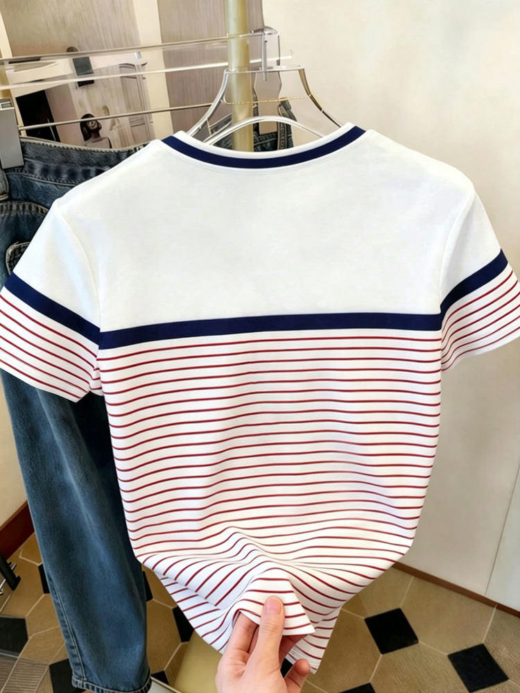 Resyla Women's Regular Fit T-Shirt, Contrast Color Striped Bow Print Pattern, Suitable For Back To School/Graduation Season, Back To School Outfit, Summer Outing Top, Comfortable Fabric, Pattern Design, Premium Feel, Casual Versatile, Daily Wear, Outdoor, Shopping, Travel Outdoor Outfit - Multicolor - View 2