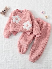 SHEIN Elladie kids 女童秋冬可愛甜美針織提花紫色上衣與長褲兩件套，正面3D花朵設計，適合日常與戶外活動 - 粉色 - 查看 6